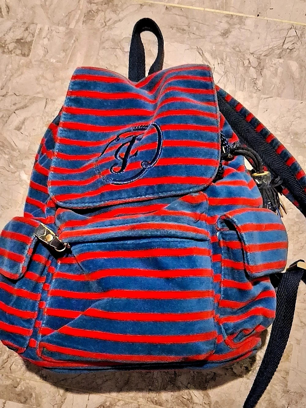 Juicy Couture Striped Backpack in Blue & Red